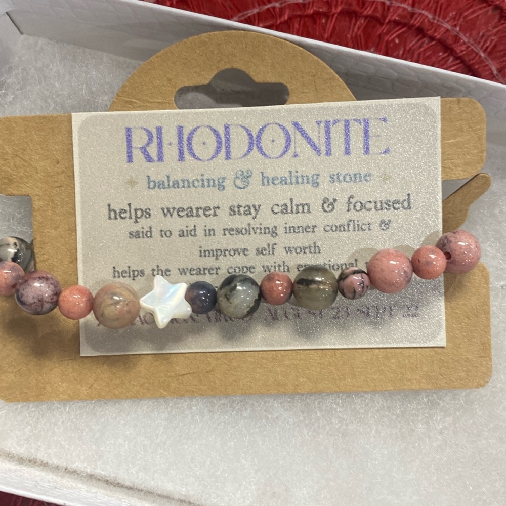 Handmade Rhodonite stretch bracelet with shell stars